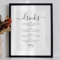 Cardápio de bebidas de casamento em preto e branco