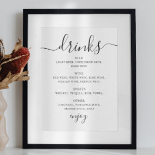 Poster Cardápio de bebidas de casamento em preto e branco