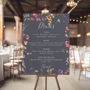 Poster Cardápio de Bebidas de Casamento Floral Azul Cláss