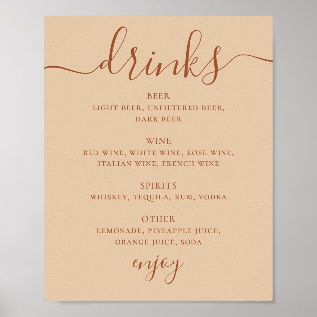 Poster Cardápio de Bebidas de Casamento | Placa de Bar em (Frente)