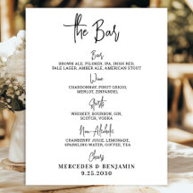 Cardápio de Bebidas do Bar de Casamento Caligrafia