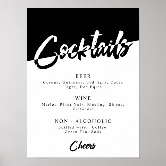 Poster Cardápio de Bebidas para Festa Preto e Branco Chic (Frente)