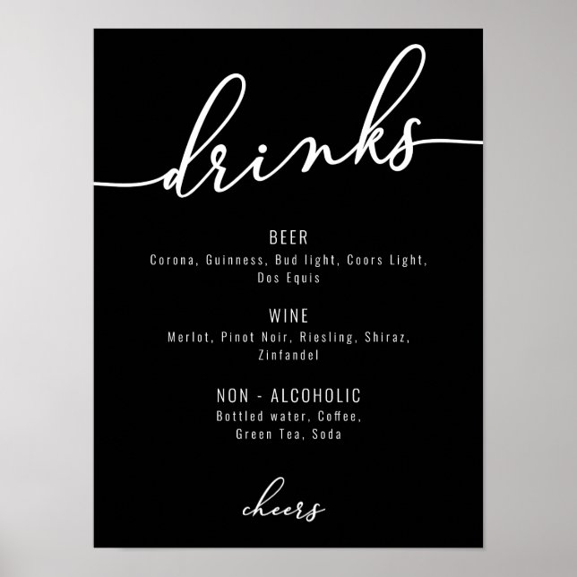 Poster Cardápio de Bebidas para Festa Preto e Branco Mode (Frente)