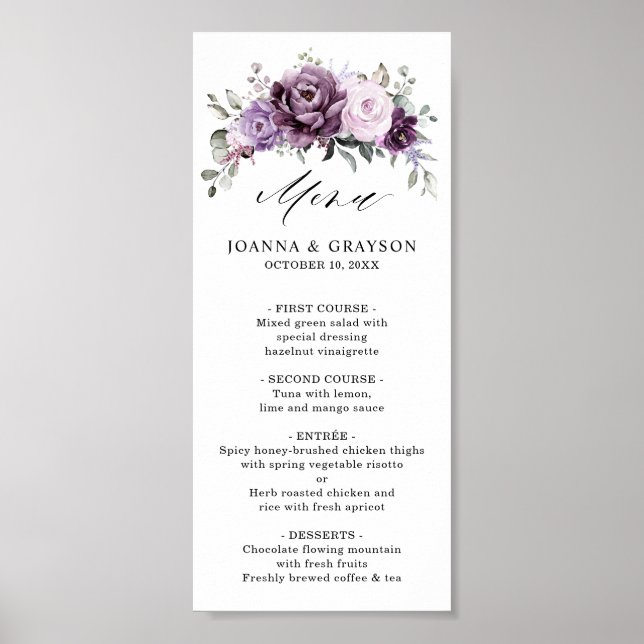 Poster Cardápio de Casamento em Tons de Roxo Pó Digital (Frente)