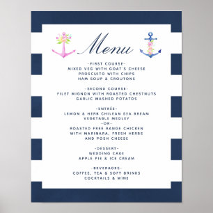 Poster Cardápio de Casamento Floral Náutico em Aquarela