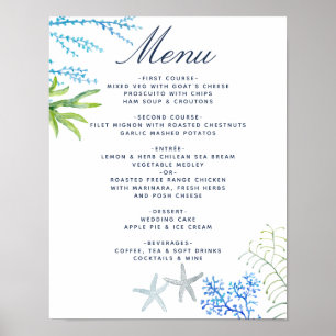 Poster Cardápio de Casamento na Praia com Algas em Aquare