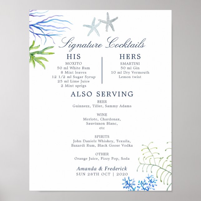 Poster Cardápio de Coquetéis de Casamento na Praia com Al (Frente)