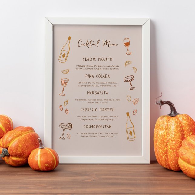 Poster Cardápio de Coquetel de Assinatura Desenhado à Mão (Friendsgiving or Thanksgiving signature cocktail menu sign with fall doodles)