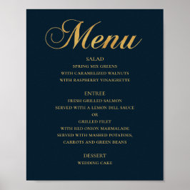 Poster Cardápio de jantar de casamento em ouro. Azul-mari