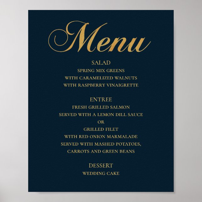 Poster Cardápio de jantar de casamento em ouro. Azul-mari (Frente)