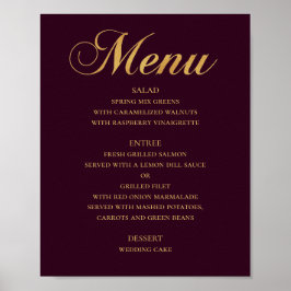 Poster Cardápio de jantar de casamento em ouro. Burgundy