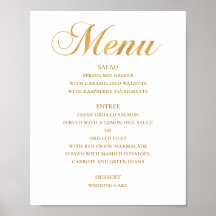 Cardápio de jantar de casamento em ouro. Letra sim