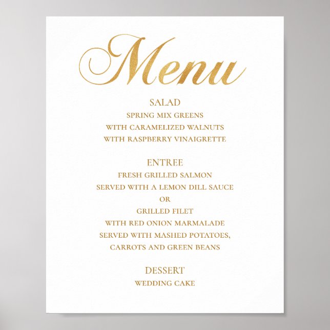 Poster Cardápio de jantar de casamento em ouro. Letra sim (Frente)