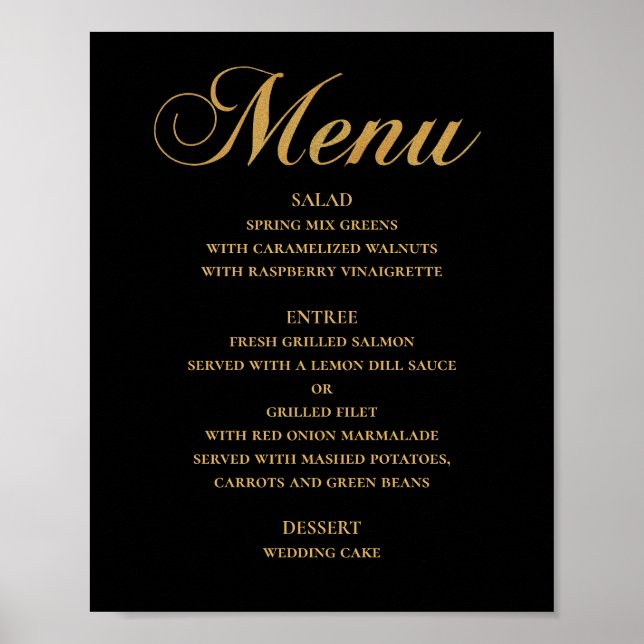 Poster Cardápio de jantar de casamento em ouro. Preto ele (Frente)