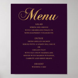 Poster Cardápio de jantar de casamento em ouro. Roxo eleg