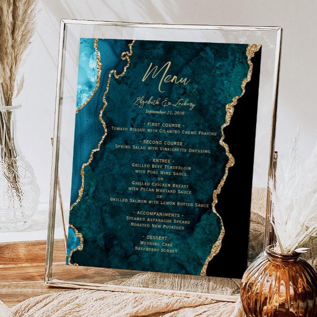 Poster Cardápio de Mesa de Casamento em Ágata Azul Teal D (Criador carregado)