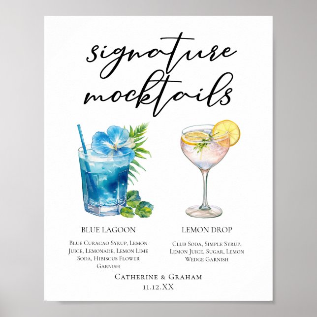 Poster Cardápio de Mocktails de Noivado Blue Lagoon Lemon (Frente)