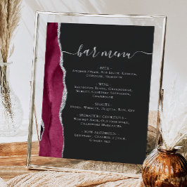 Poster Cardápio do Bar de Casamento Burgundy Prata Ágata