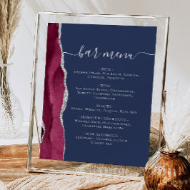 Poster Cardápio do Bar de Casamento Burgundy Prata Ágata