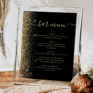 Poster Cardápio do Bar de Casamento Preto Dourado Glitter