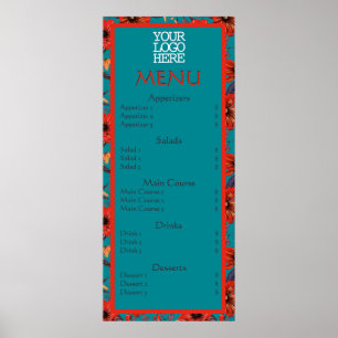 Poster Cardápio do Café Floral Vermelho Teal Restaurante