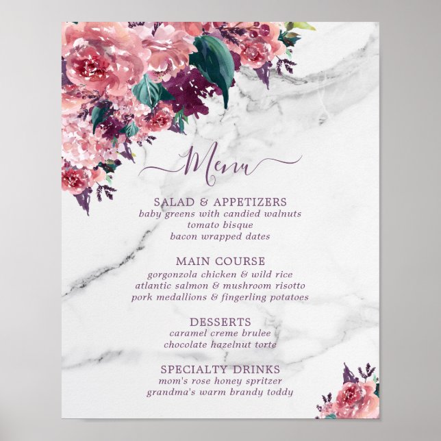 Poster Cardápio do Dia das Mães com Floral Marble Rosa Vi (Frente)