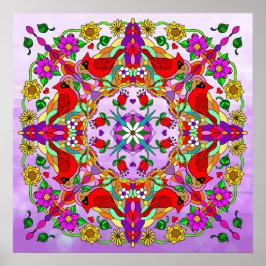 Poster Cardeais Coloridos bonito e Flores Mandala