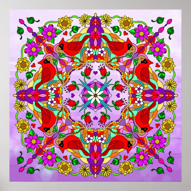 Poster Cardeais Coloridos bonito e Flores Mandala (Frente)
