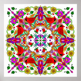 Poster Cardeais Coloridos bonito e Flores Mandala