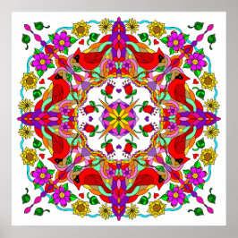 Poster Cardeais Coloridos bonito e Flores Mandala