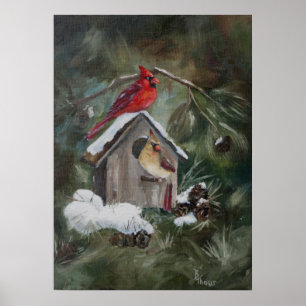 Pôster Cardeais no Birdhouse nevado