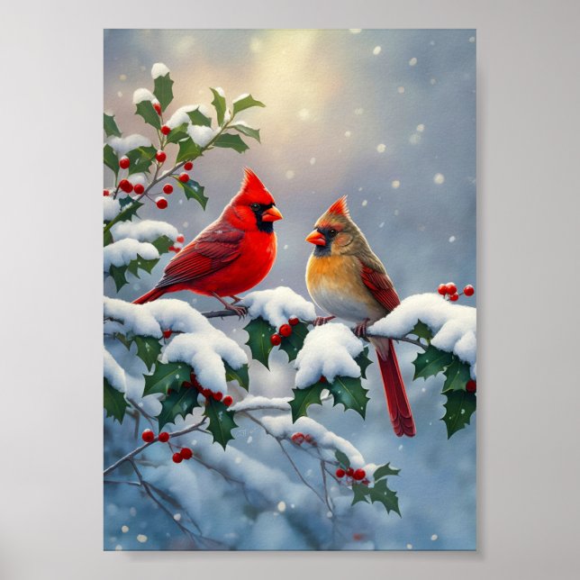 Poster Cardeais-vermelhos e Azevinho na Neve (Frente)