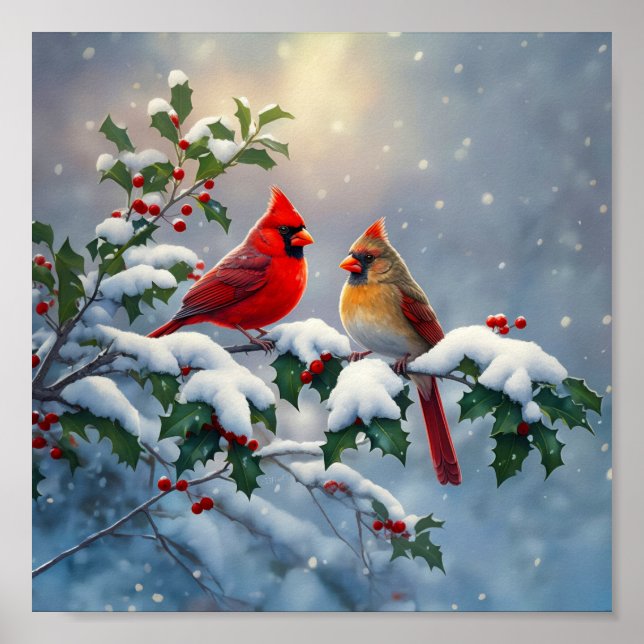 Poster Cardeais-vermelhos e Azevinho na Neve (Frente)