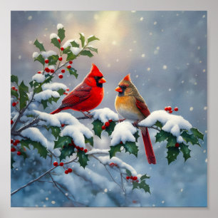 Poster Cardeais vermelhos e Holly na neve