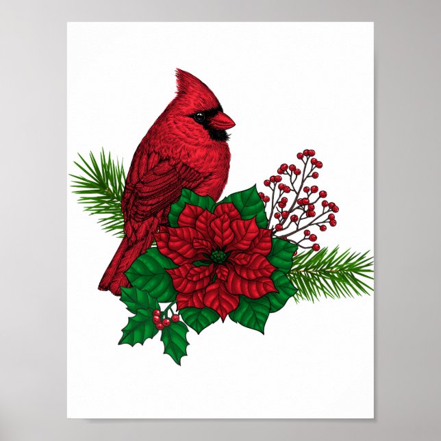 Poster Cardeais Vermelhos na decoração de Natal (Frente)