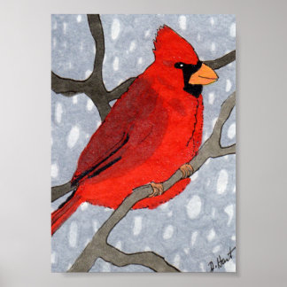 Pôster Cardeal de inverno na Mini Arte Folclórica da Neve