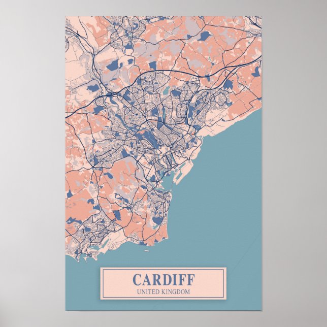 Poster Cardiff Reino Unido Mapa da Cidade Ventilada Viage (Frente)