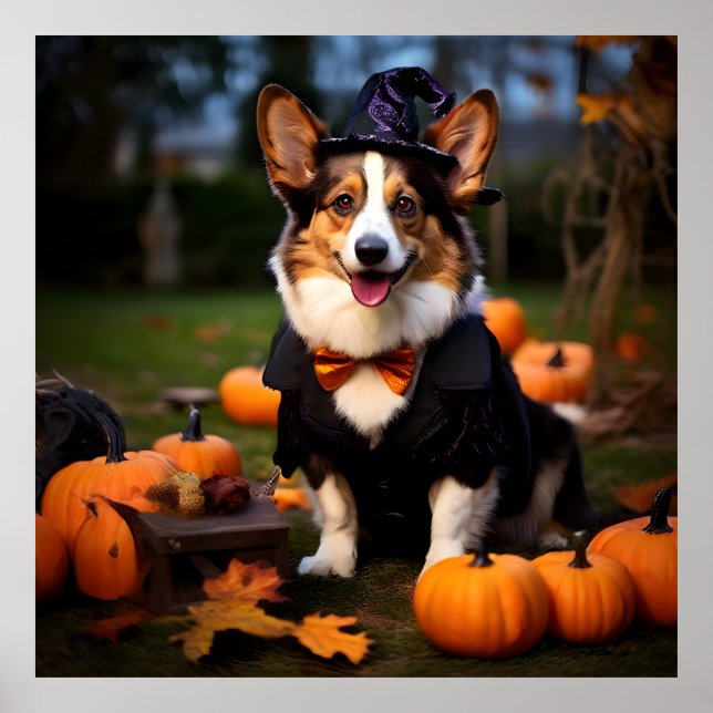 Poster Cardigan Welsh Corgi Dog no Halloween Party (Frente)