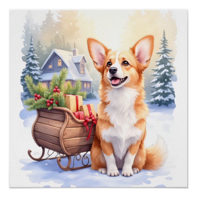 Pôster Cardigan Welsh Corgi Festive Sleigh Christmas Art (Frente)