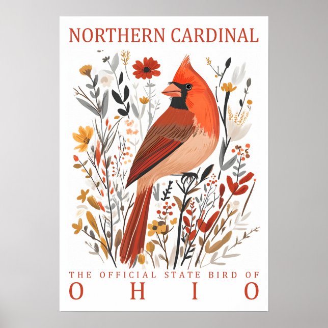 Poster Cardinal do Norte de Ohio Estado Ave Botânica (Frente)
