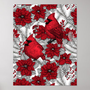 Poster Cardinhas e poinsetos em vermelho e branco