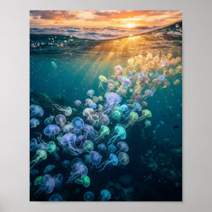 Poster Cardume de Água-viva Brilhante sob o Pôr do Sol no