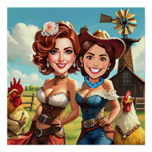 Pôster Caricatura de Cowgirls da Noiva Divertida