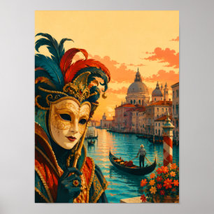Poster Carnaval de Veneza Itália Máscara Veneziana Vintag