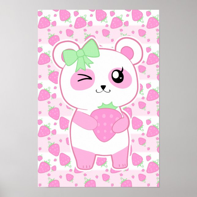 Pôster Carneiro-de-morango-branco-rosado Kawaii Panda (Frente)