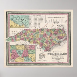 Poster Carolina do Norte, 1853, Mapa, Vintage