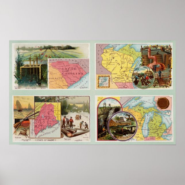 Pôster Carolina do Sul, Wisconsin, Maine, Michigan (Frente)