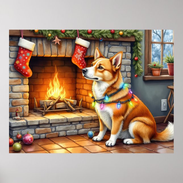 Poster Carolina Dog Fireplace with Christmas Lights (Frente)