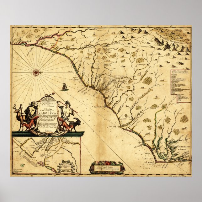 Pôster Carolinas de Norte para DireitaMapa Panorâmico (Frente)