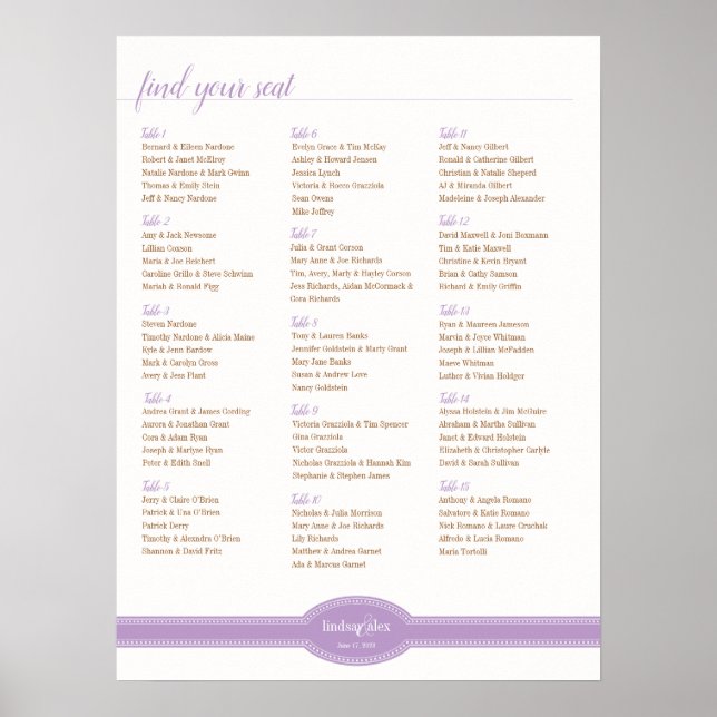 Poster Caroline Seating Chart para Casamento, Lavanda (Frente)